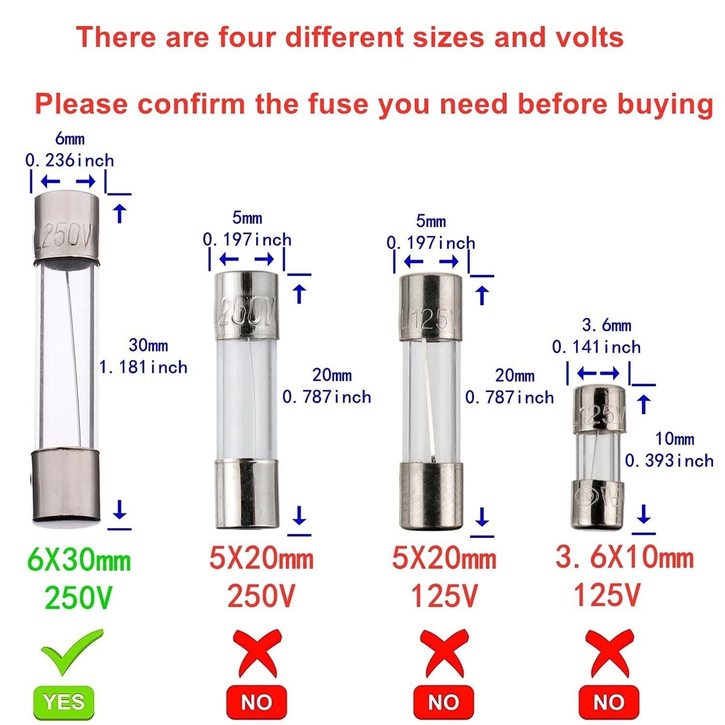 6x30mm 0.24x1.18 inch F0.5AL- F20AL 250V Fast-Blow Glass Fuses, Pack of 20