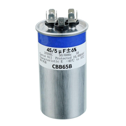 Condensateur de démarrage circulaire à double course 45 + 5uF 45/5MFD ± 6% 370V CBB65 pour le fonctionnement du moteur à courant alternatif ou le démarrage du ventilateur ou le condensateur droit 