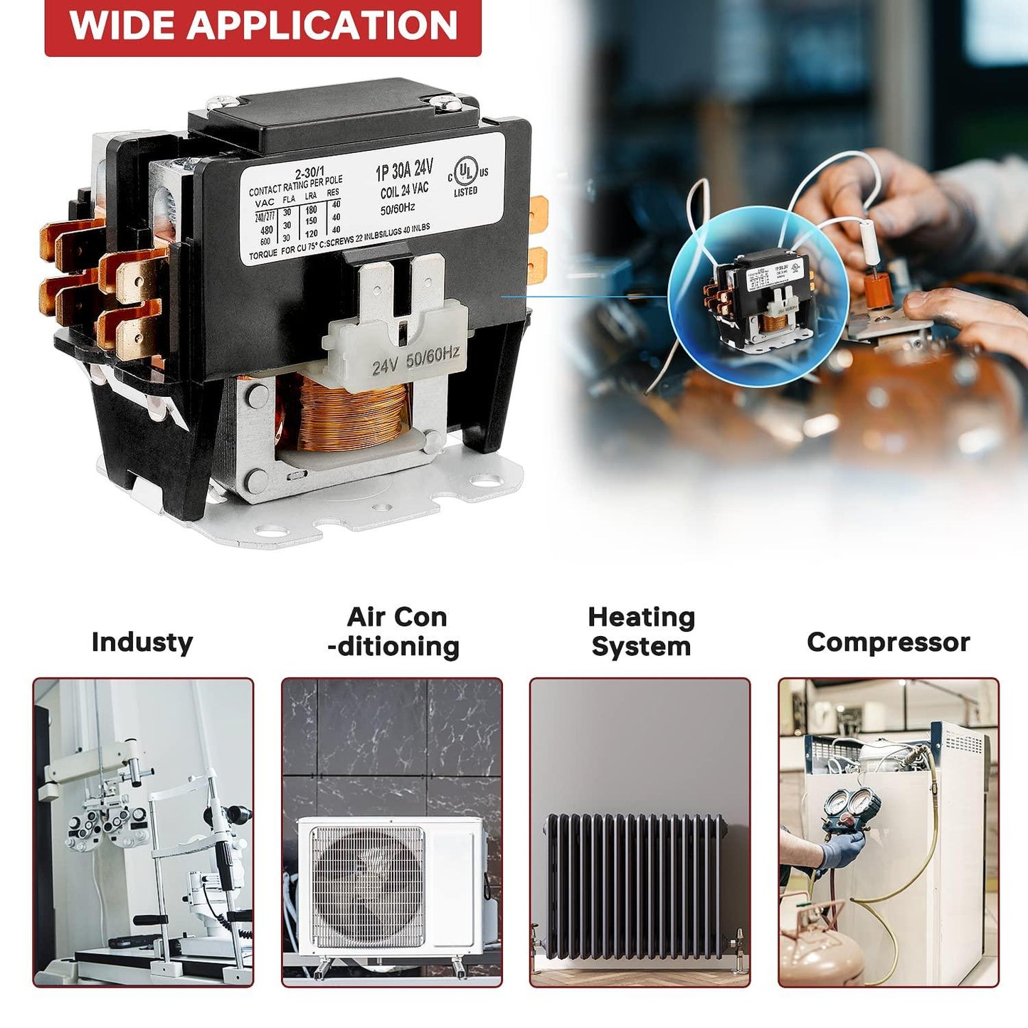 1 Poles FLA 30 Amp Coil 24 VAC Air Conditioner Condenser Compressor Contactor AC Definite Purpose Contactor, Refrigeration Systems