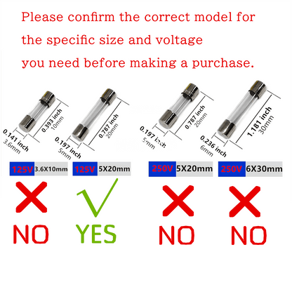 0.5-30A, amp fuse, 0.2x0.78 inch 5x20mm 125V F0.5AL125V Fast-Blow Glass Fuses, (Pack of 12 Pcs)