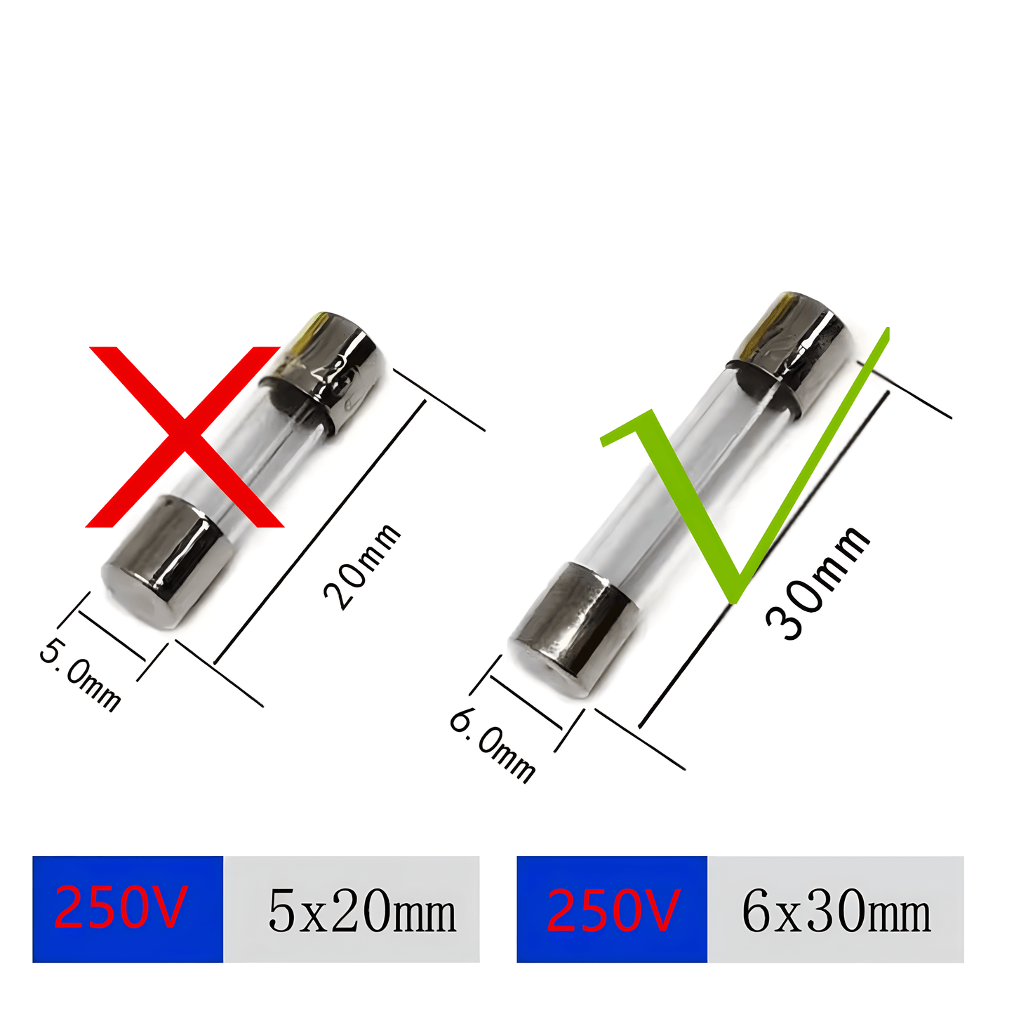 6x30mm 0.24x1.18 inch F0.5AL- F20AL 250V Fast-Blow Glass Fuses, Pack of 20